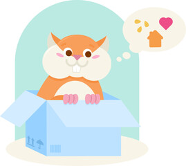Cute Vector Cartoon Flat Outline Adopt Pet Hamster Concept Illustration is a vector illustration about happy funny domestic mouse animal in box dreaming about love, care and tasty food
