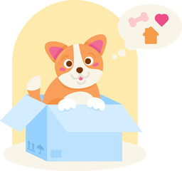 Cute Vector Cartoon Flat Outline Adopt Pet Dog Concept Illustration is a vector illustration about happy funny domestic puppy animal in box dreaming about love, care and tasty food