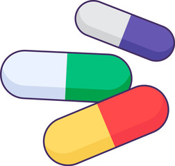 Set of tablets and capsules icon. Drug release form, medical stroked cartoon element for modern and retro design. Simple color vector pictogram isolated on white background