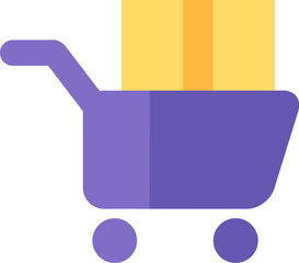 Shopping cart on wheels carries cardboard box. Prompt delivery of goods, shopping process flat element for modern and retro design. Simple color vector pictogram isolated on white background