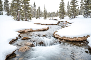 Fototapeta premium Tranquil Winter Stream in a Snowy Forest