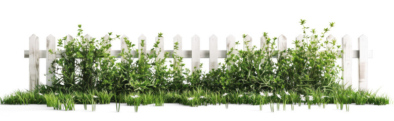 Fototapeta premium White Picket Fence with Green Foliage and Grass