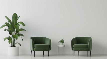 Two green armchairs and plant on white background . generative ai