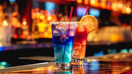 A bar with a variety of drinks including a blue drink, a pink drink, a red drink, and a green drink