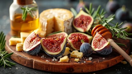 The image shows a variety of cheeses, figs, honey and rosemary on a wooden board.