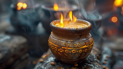 Flames rise from an intricately carved clay pot, casting a warm glow on the surrounding darkness.