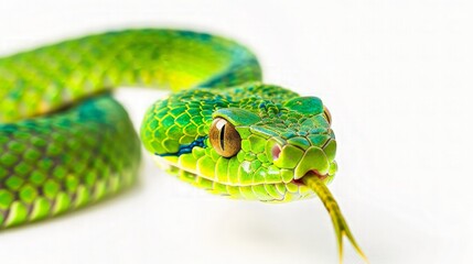 Fototapeta premium Trimeresurus Insularis closeup on isolated background, Indonesian viper snake closeup. generative ai