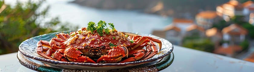 Korean marinated crabs Ganjang Gejang, served on a decorative plate with a coastal village background