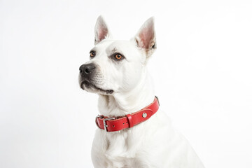 White dog with red collar looking to the side