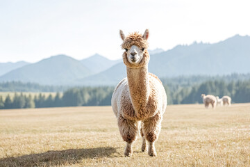 Fototapeta premium Alpaca standing in a field with mountains in the background