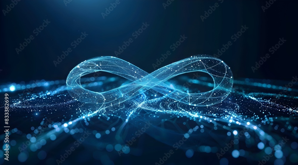 Poster a digital art representation of an infinite symbol made from glowing data points and lines, set agai