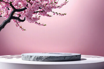 Minimal photographer cherry blossom background in podium for product presentation.