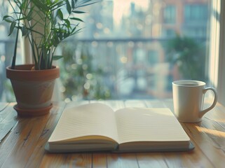 blank notebook on an office desk, with a coffee mug and potted plant in the background. Web banner with copy space on the right.