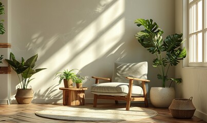 Stylish living room interior. Cozy corner of room for relaxation with gray armchair, wooden coffee table and lush indoor plants to purify the air