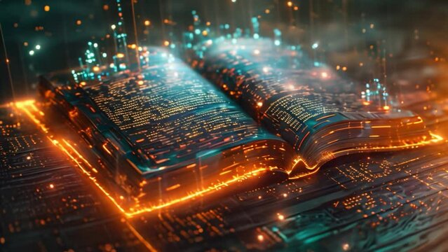 This open EBook with glowing lights in the background. Glowing Lights Behind an Open Book