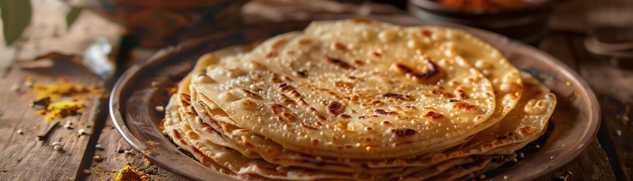 Malabar parotta, flaky layered bread, served on a rustic plate with a coastal Kerala village backdrop