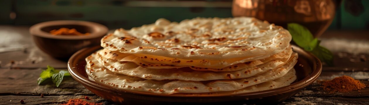 Malabar parotta, flaky layered bread, served on a rustic plate with a coastal Kerala village backdrop