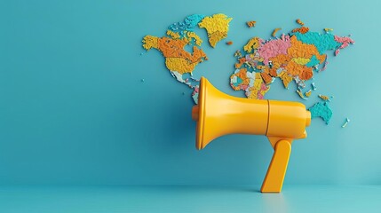 Global Marketing A megaphone over a world map, symbolizing creating global marketing campaigns
