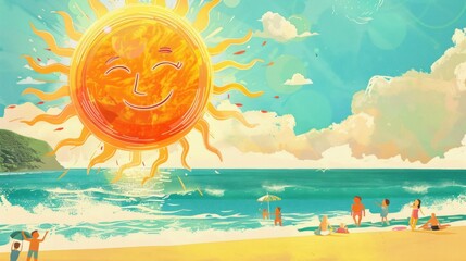 illustration of the sun smiling and looking at the beach