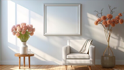 cozy place in home interior, soft chair in front of white wall and empty white photo frame, place for advertising,