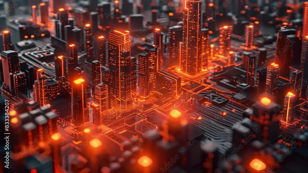 Poster this city skyline created from intricate microcircuits. high-tech nightscape