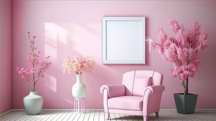 cozy place in home interior, soft chair in front of white wall and empty white photo frame, place for advertising,
