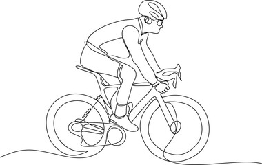 The cyclist rides a bike. Guy in a protective helmet. World Bicycle Day. One line drawing for different uses. Vector illustration.