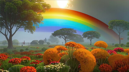 beautiful colorful summer flowers in Africa against the background of a beautiful wonderful rainbow during the rain, fantasy, romantic dreamy mood,