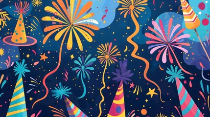 5. A playful and whimsical Happy New Year poster for 2025, featuring cartoon fireworks and cheerful party hats, perfect for family-friendly events