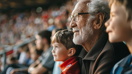 Grandfather and grandson sit on the stands and watch football game