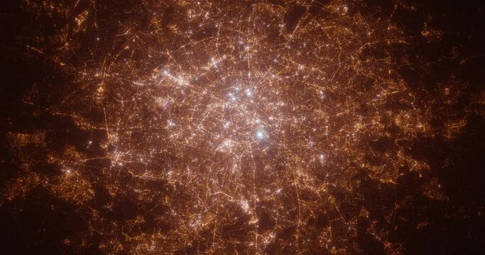 Paris (France) aerial view at night. Satellite view on modern city with street lights. Camera is flying above the city, moving forward