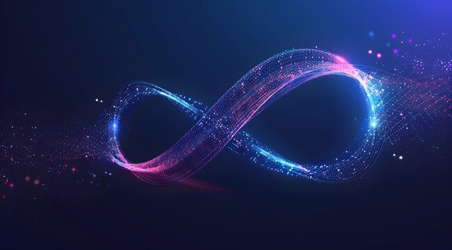 A vector graphic of an infinite symbol made from glowing data points and lines, representing the endless flow of information in artificial intelligence, on a dark blue background
