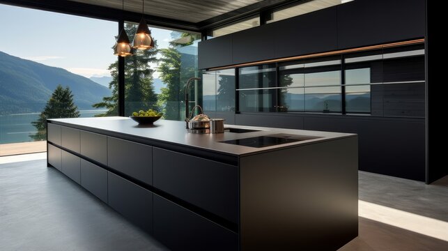 Modern home interior. Modern kitchen design in a black light interior. Modern apartment home design software.