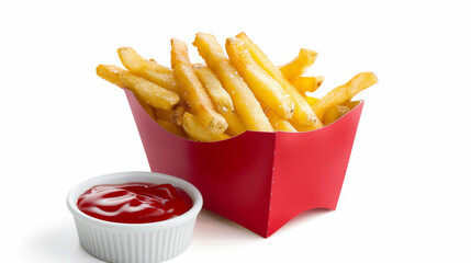 french fries with ketchup on white background, isolated