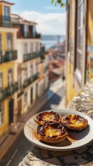 Lisbon, Portugal. A plate of the traditional Portuguese pastry, Pastel de Nata, with a view of the city in the background.