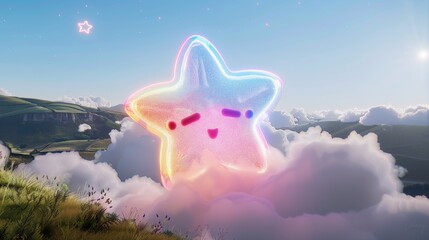 A colorful star with a smiling face is surrounded by clouds. The sky is blue and the clouds are white