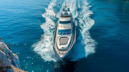 https://s.mj.run/b7-L8DbCIKE Captivating aerial perspective of a luxury yacht from above, ideal for...