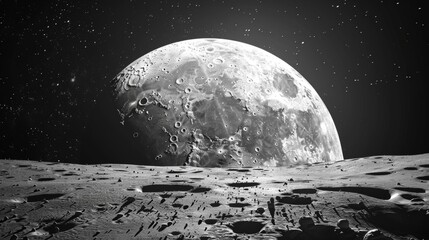 Moon flat design front view lunar surface theme animation black and white