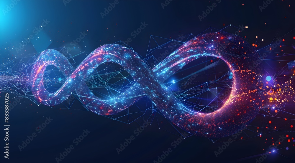 Poster a vector graphic of an infinite symbol made from glowing data points and lines, representing the end