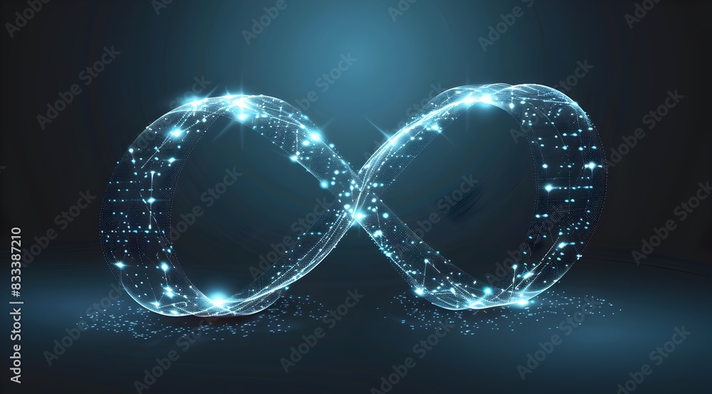 Poster a vector graphic of an infinite symbol made from glowing data points and lines, representing the end