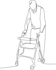 Continuous one-line drawing of a full-length portrait of an elderly man with sore legs. Minimal outline concept. Vector illustration.