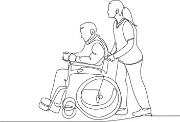 Linear drawing, healthcare worker helping a patient in a wheelc