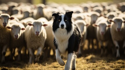 A black and white Scottish collie dog is decisively herding a flock of sheep. 