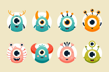 Set of cartoon monster avatars for web design, party decorations, prints on childrens clothing. Bright, happy monsters featuring cute, smiling face, colorful design for children book.