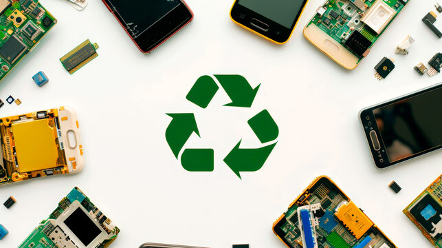 Recycling mobile phone components with green recycling symbol center
