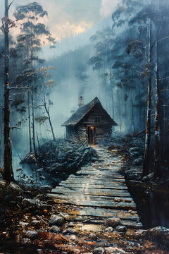 Rustic Bridge over a Stream.  Generated Image.  A digital illustration of a painting of a rustic bridge and house in the wilderness.