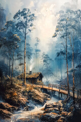 Rustic Bridge over a Stream.  Generated Image.  A digital illustration of a painting of a rustic bridge and house in the wilderness.