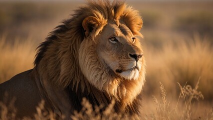 A powerful and majestic male lion with a full mane, standing on a rocky outcrop surveying the...
