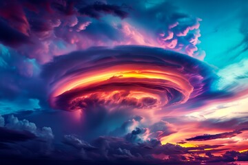
Dramatic and Vibrant Cloud Formation with Fiery Colors Against a Twilight Sky Creating a Surreal and Majestic Atmospheric Scene

