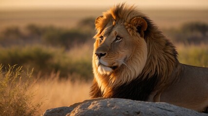 Obraz premium A powerful and majestic male lion with a full mane, standing on a rocky outcrop surveying the savanna. His muscles are clearly defined, and his fur shows the texture and detail of each strand.
